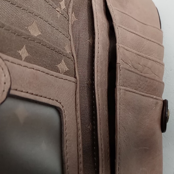 Fossil-Sydney -Striped Patchwork Clutch/Wallet /Fold-over Flap-Tan Taupe Leather - Picture 4 of 14